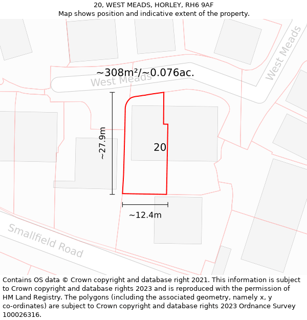 20, WEST MEADS, HORLEY, RH6 9AF: Plot and title map