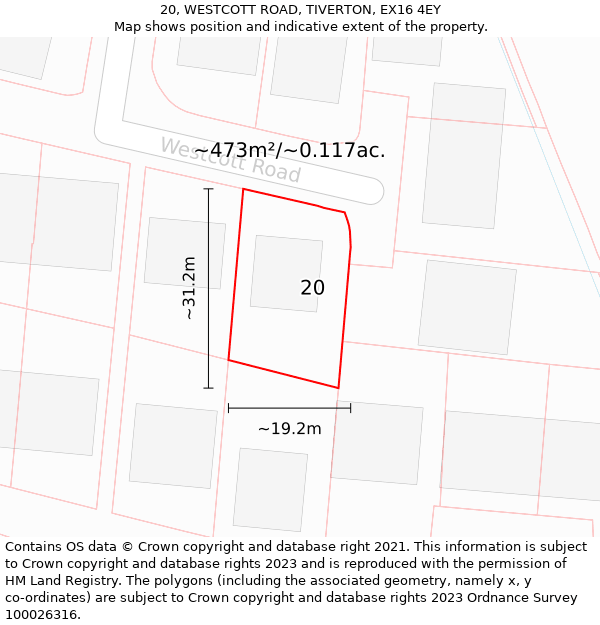 20, WESTCOTT ROAD, TIVERTON, EX16 4EY: Plot and title map