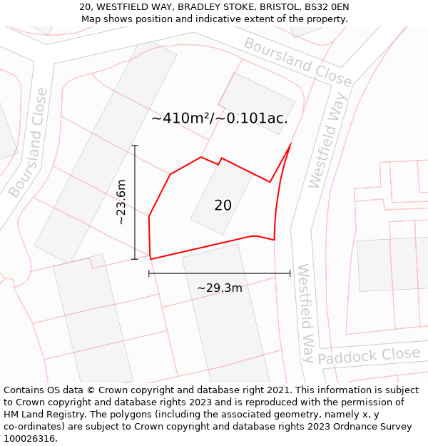 20, WESTFIELD WAY, BRADLEY STOKE, BRISTOL, BS32 0EN: Plot and title map