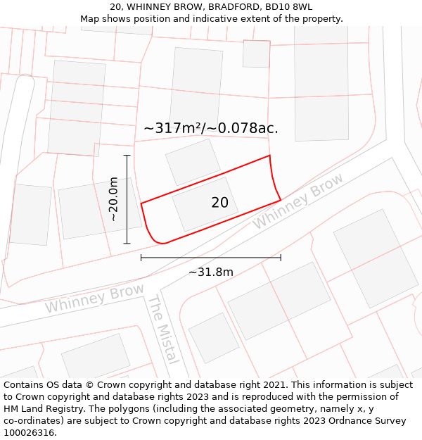 20, WHINNEY BROW, BRADFORD, BD10 8WL: Plot and title map