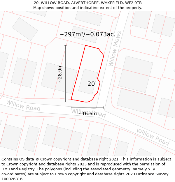 20, WILLOW ROAD, ALVERTHORPE, WAKEFIELD, WF2 9TB: Plot and title map