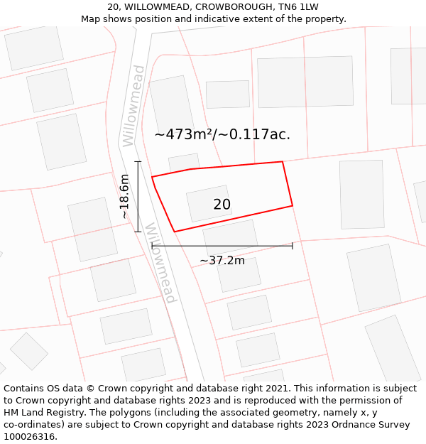 20, WILLOWMEAD, CROWBOROUGH, TN6 1LW: Plot and title map