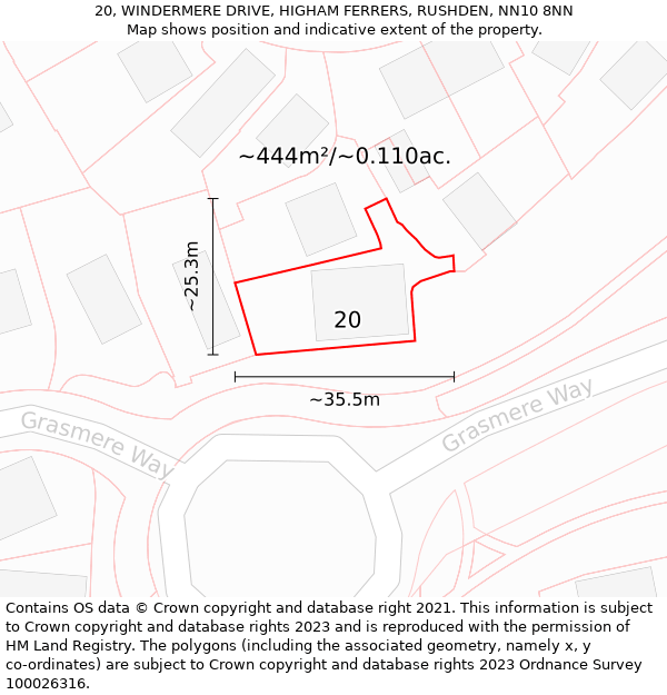 20, WINDERMERE DRIVE, HIGHAM FERRERS, RUSHDEN, NN10 8NN: Plot and title map