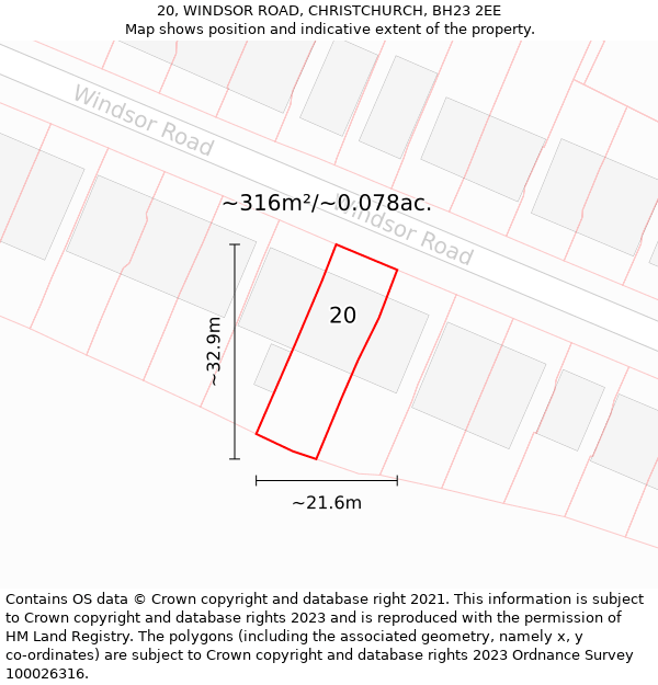 20, WINDSOR ROAD, CHRISTCHURCH, BH23 2EE: Plot and title map