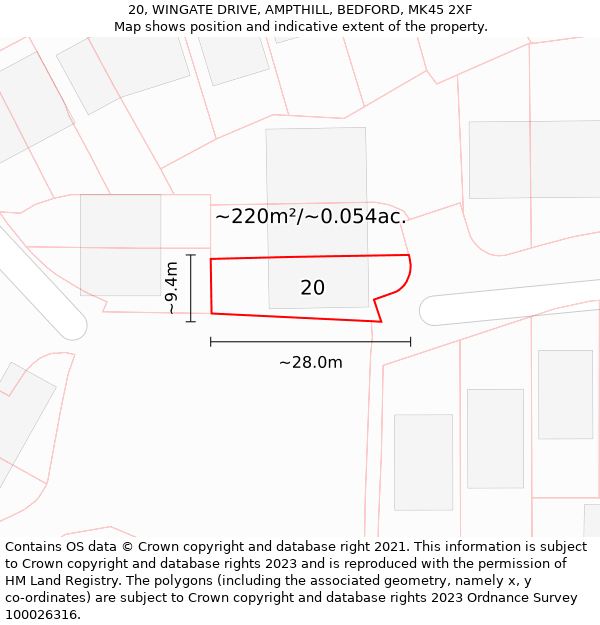 20, WINGATE DRIVE, AMPTHILL, BEDFORD, MK45 2XF: Plot and title map