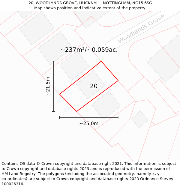 20, WOODLANDS GROVE, HUCKNALL, NOTTINGHAM, NG15 6SG: Plot and title map