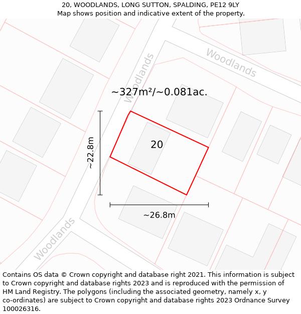 20, WOODLANDS, LONG SUTTON, SPALDING, PE12 9LY: Plot and title map