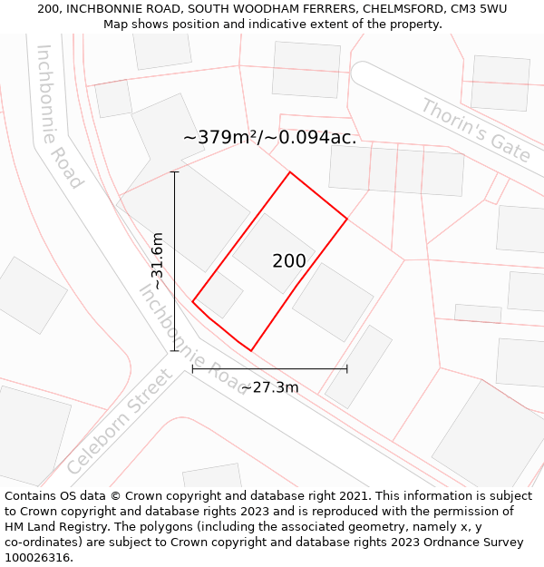 200, INCHBONNIE ROAD, SOUTH WOODHAM FERRERS, CHELMSFORD, CM3 5WU: Plot and title map