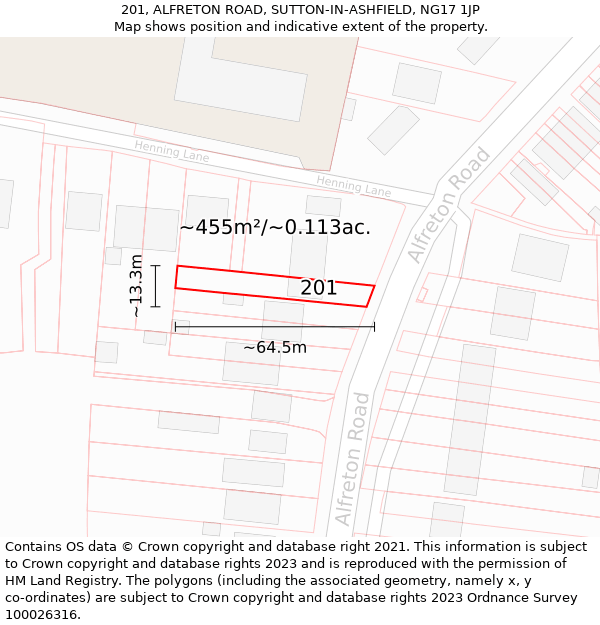 201, ALFRETON ROAD, SUTTON-IN-ASHFIELD, NG17 1JP: Plot and title map