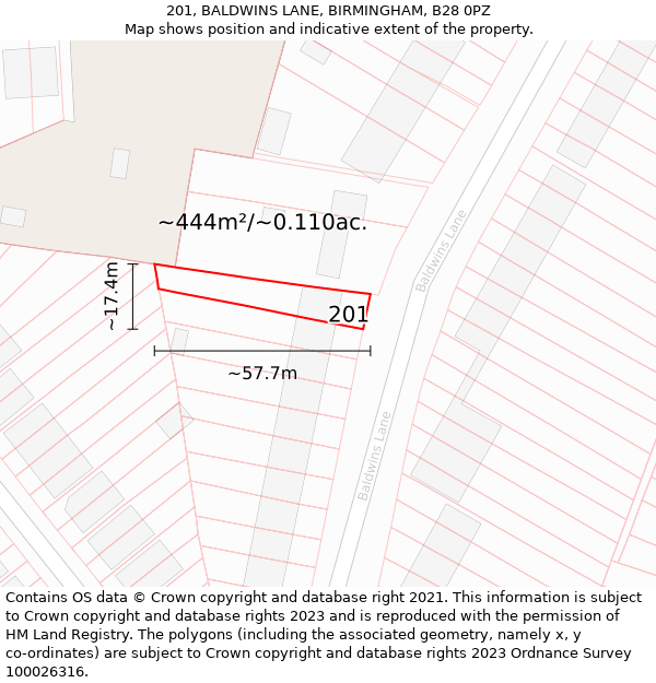 201, BALDWINS LANE, BIRMINGHAM, B28 0PZ: Plot and title map