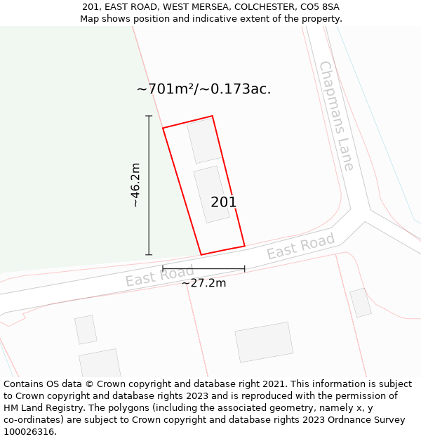 201, EAST ROAD, WEST MERSEA, COLCHESTER, CO5 8SA: Plot and title map