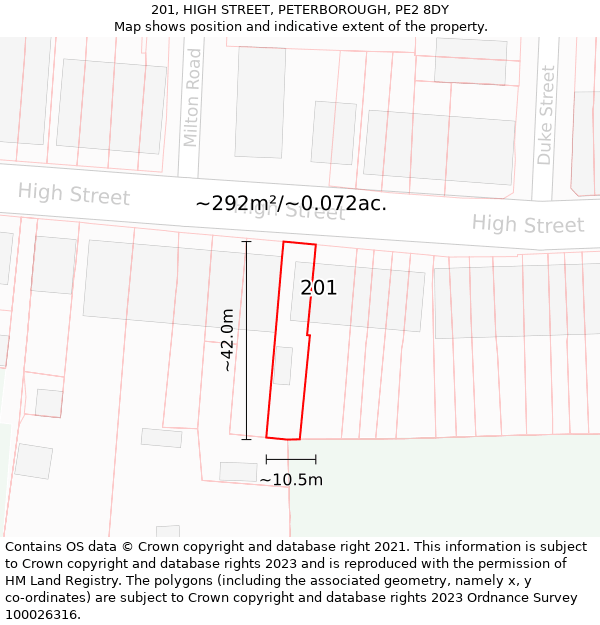 201, HIGH STREET, PETERBOROUGH, PE2 8DY: Plot and title map