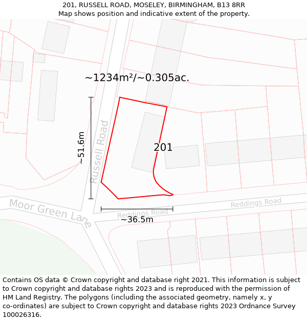 201, RUSSELL ROAD, MOSELEY, BIRMINGHAM, B13 8RR: Plot and title map