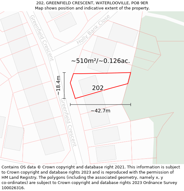 202, GREENFIELD CRESCENT, WATERLOOVILLE, PO8 9ER: Plot and title map
