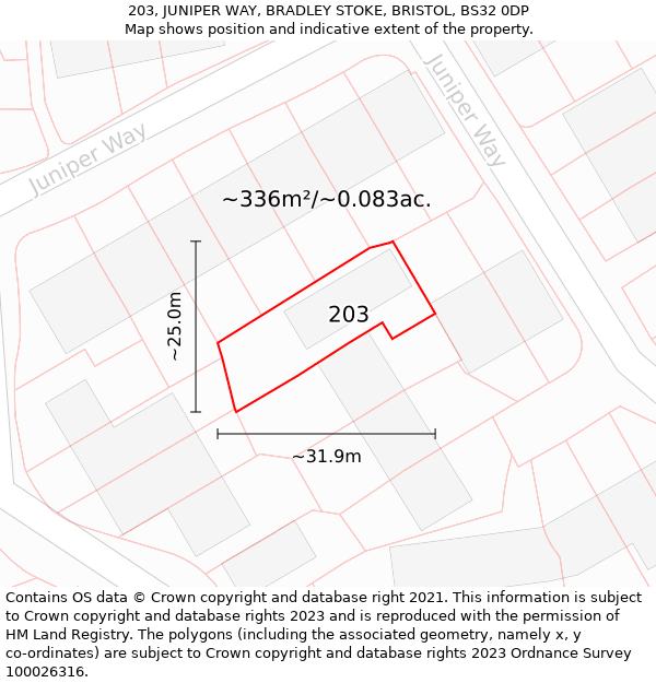 203, JUNIPER WAY, BRADLEY STOKE, BRISTOL, BS32 0DP: Plot and title map