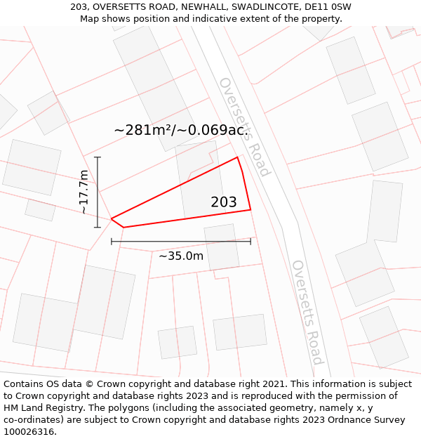 203, OVERSETTS ROAD, NEWHALL, SWADLINCOTE, DE11 0SW: Plot and title map