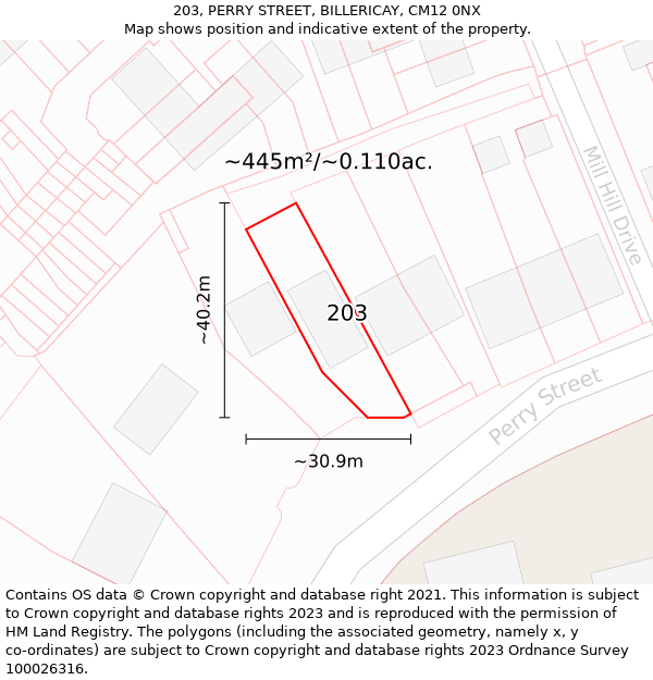203, PERRY STREET, BILLERICAY, CM12 0NX: Plot and title map