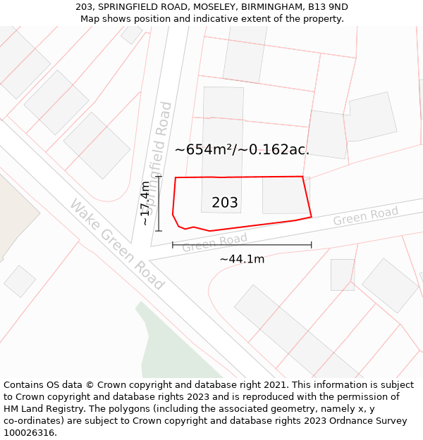 203, SPRINGFIELD ROAD, MOSELEY, BIRMINGHAM, B13 9ND: Plot and title map
