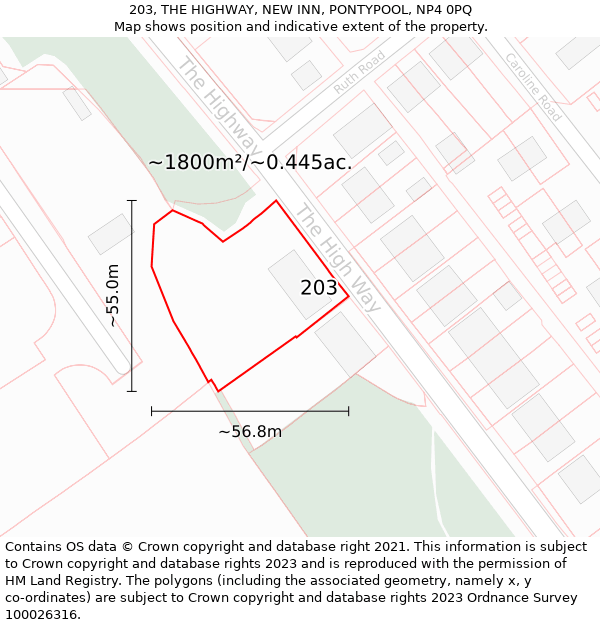 203, THE HIGHWAY, NEW INN, PONTYPOOL, NP4 0PQ: Plot and title map