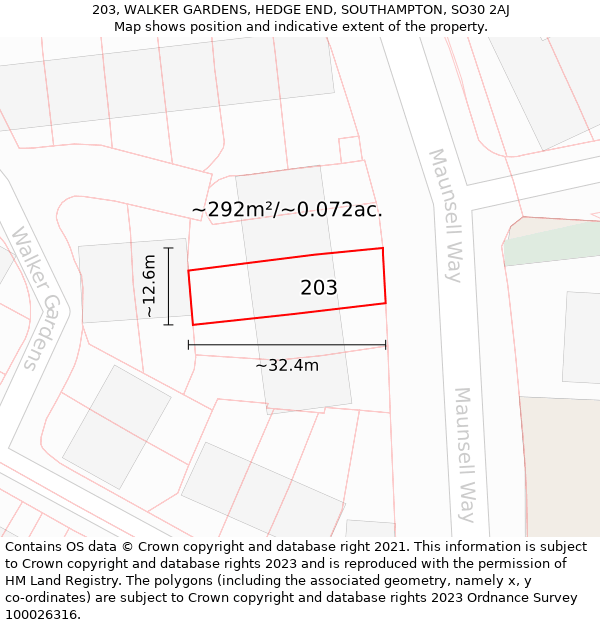 203, WALKER GARDENS, HEDGE END, SOUTHAMPTON, SO30 2AJ: Plot and title map