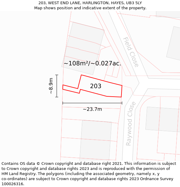 203, WEST END LANE, HARLINGTON, HAYES, UB3 5LY: Plot and title map