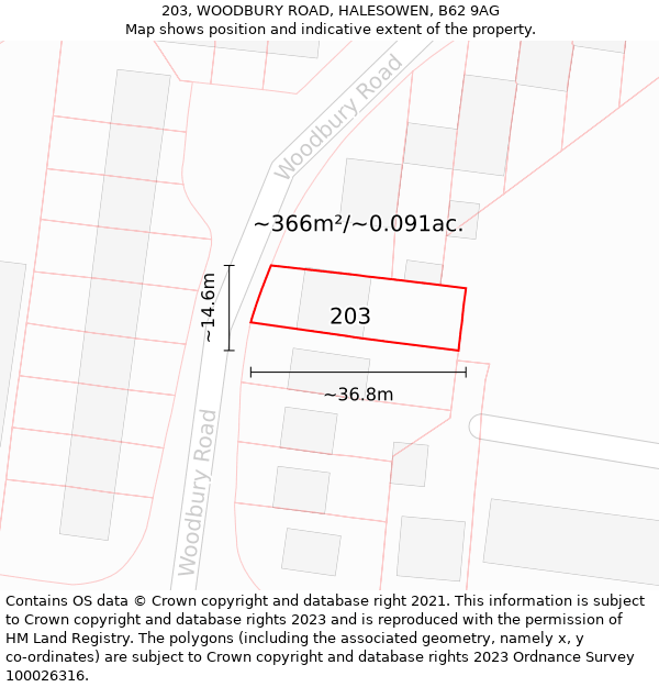 203, WOODBURY ROAD, HALESOWEN, B62 9AG: Plot and title map