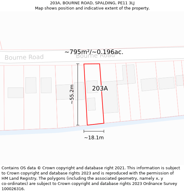 203A, BOURNE ROAD, SPALDING, PE11 3LJ: Plot and title map