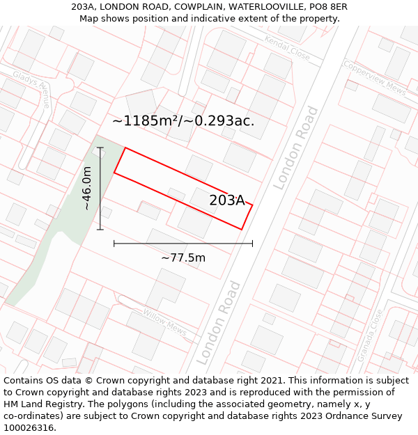 203A, LONDON ROAD, COWPLAIN, WATERLOOVILLE, PO8 8ER: Plot and title map