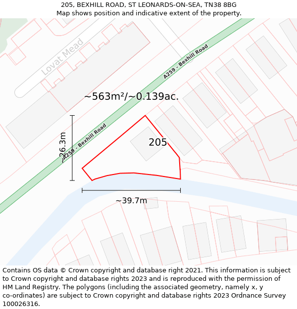 205, BEXHILL ROAD, ST LEONARDS-ON-SEA, TN38 8BG: Plot and title map