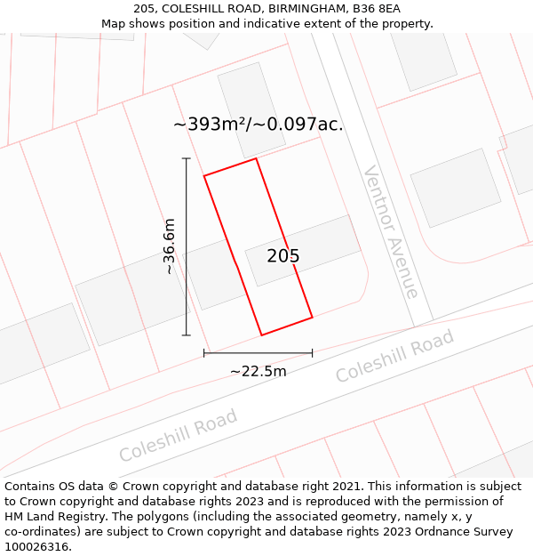 205, COLESHILL ROAD, BIRMINGHAM, B36 8EA: Plot and title map