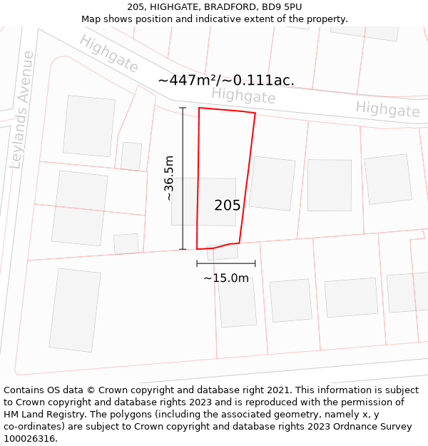 205, HIGHGATE, BRADFORD, BD9 5PU: Plot and title map