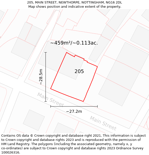 205, MAIN STREET, NEWTHORPE, NOTTINGHAM, NG16 2DL: Plot and title map