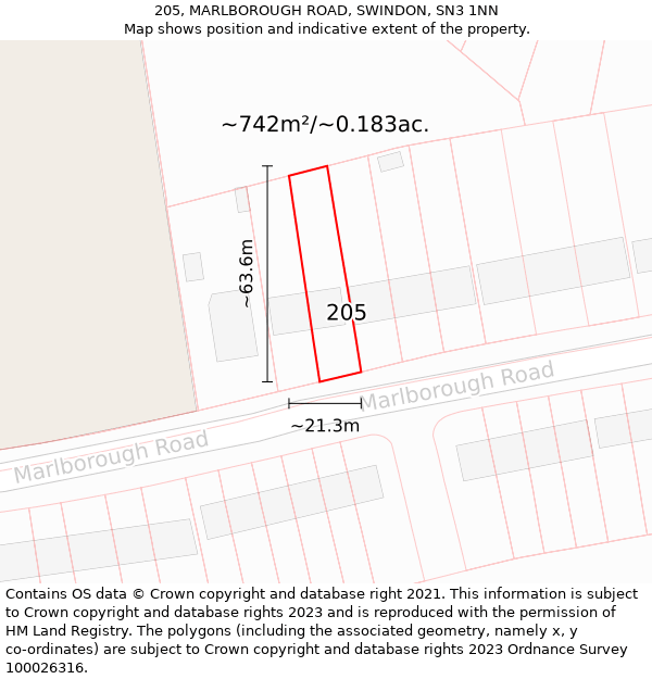 205, MARLBOROUGH ROAD, SWINDON, SN3 1NN: Plot and title map