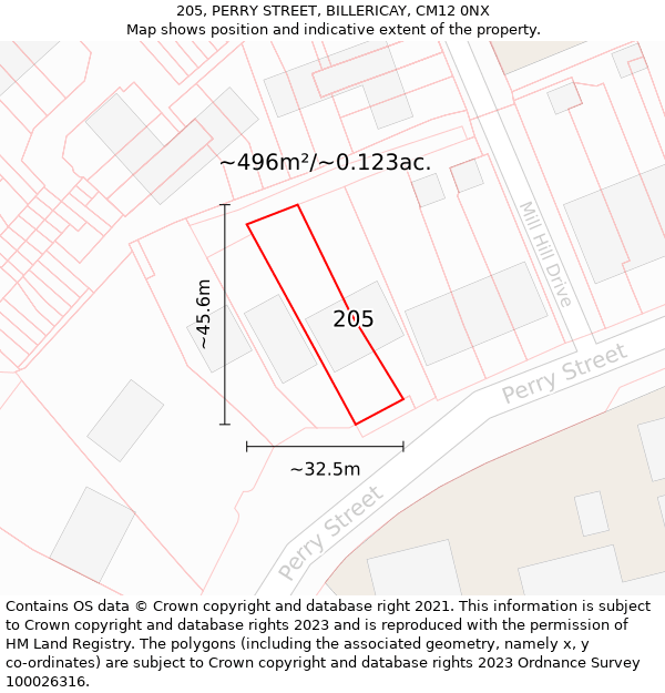 205, PERRY STREET, BILLERICAY, CM12 0NX: Plot and title map
