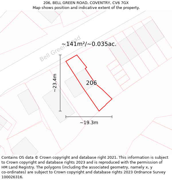 206, BELL GREEN ROAD, COVENTRY, CV6 7GX: Plot and title map