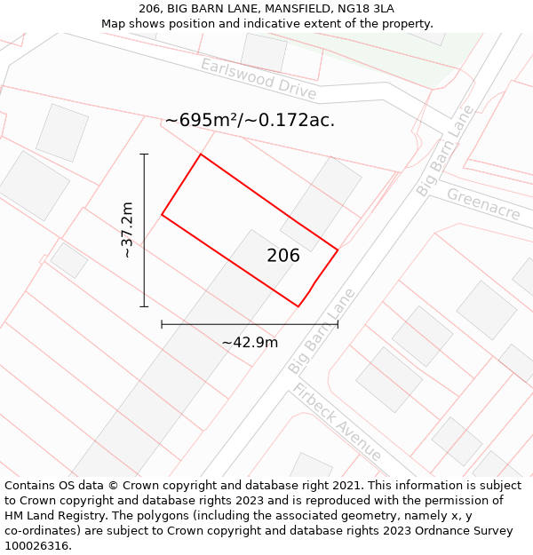 206, BIG BARN LANE, MANSFIELD, NG18 3LA: Plot and title map