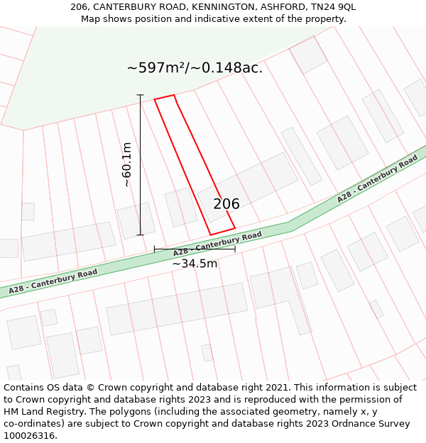 206, CANTERBURY ROAD, KENNINGTON, ASHFORD, TN24 9QL: Plot and title map