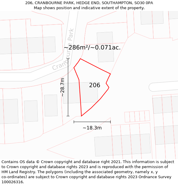 206, CRANBOURNE PARK, HEDGE END, SOUTHAMPTON, SO30 0PA: Plot and title map