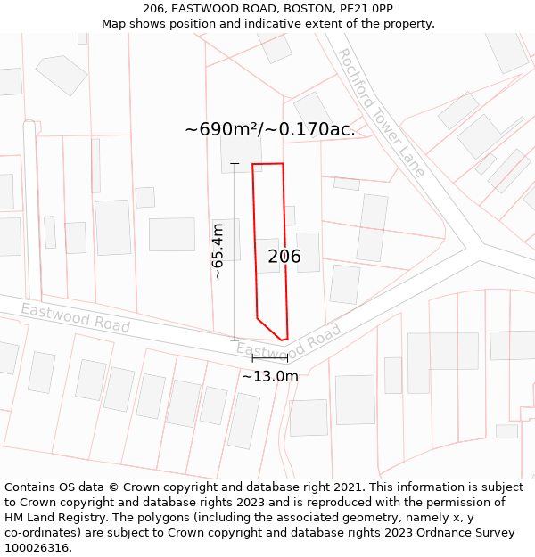 206, EASTWOOD ROAD, BOSTON, PE21 0PP: Plot and title map