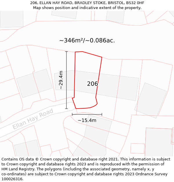 206, ELLAN HAY ROAD, BRADLEY STOKE, BRISTOL, BS32 0HF: Plot and title map