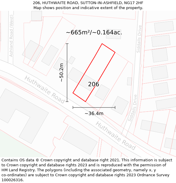 206, HUTHWAITE ROAD, SUTTON-IN-ASHFIELD, NG17 2HF: Plot and title map