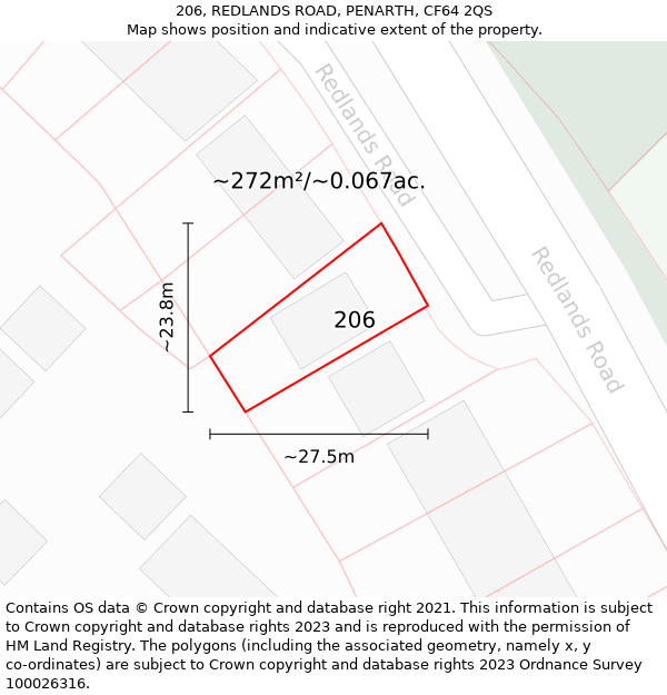 206, REDLANDS ROAD, PENARTH, CF64 2QS: Plot and title map