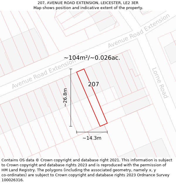 207, AVENUE ROAD EXTENSION, LEICESTER, LE2 3ER: Plot and title map