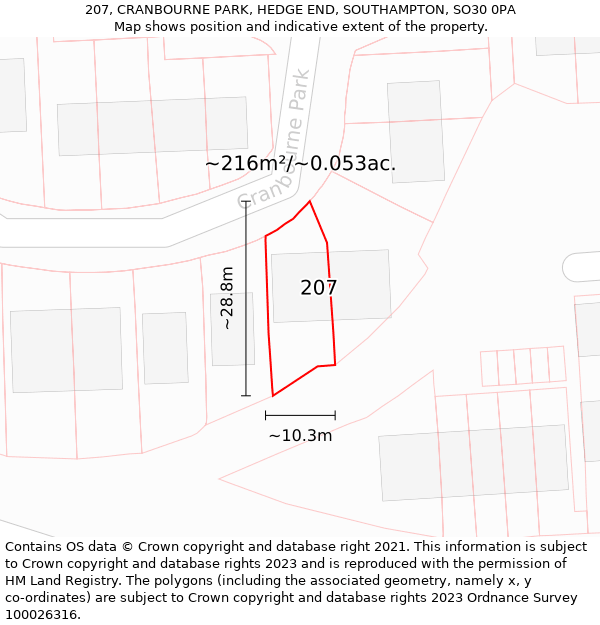 207, CRANBOURNE PARK, HEDGE END, SOUTHAMPTON, SO30 0PA: Plot and title map