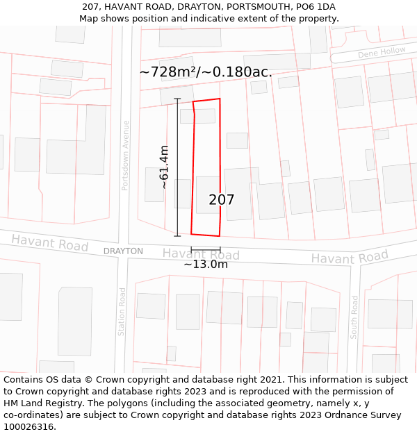 207, HAVANT ROAD, DRAYTON, PORTSMOUTH, PO6 1DA: Plot and title map