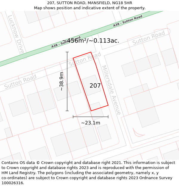 207, SUTTON ROAD, MANSFIELD, NG18 5HR: Plot and title map