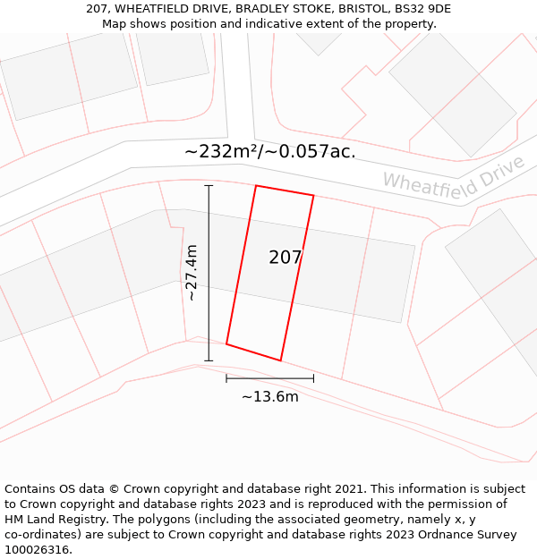 207, WHEATFIELD DRIVE, BRADLEY STOKE, BRISTOL, BS32 9DE: Plot and title map