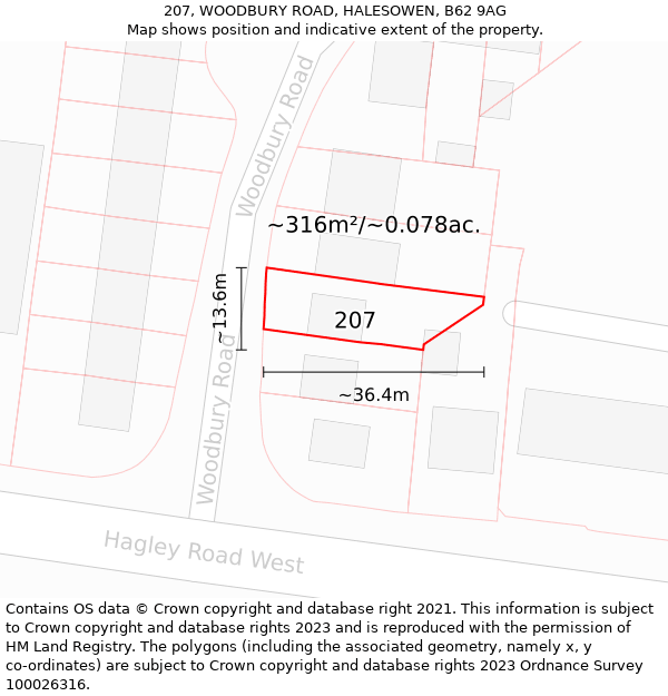 207, WOODBURY ROAD, HALESOWEN, B62 9AG: Plot and title map