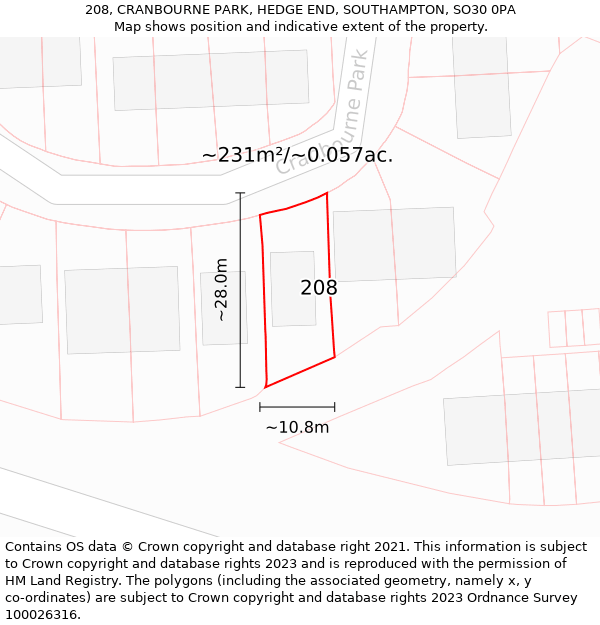 208, CRANBOURNE PARK, HEDGE END, SOUTHAMPTON, SO30 0PA: Plot and title map