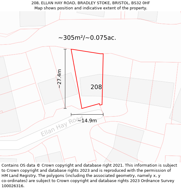 208, ELLAN HAY ROAD, BRADLEY STOKE, BRISTOL, BS32 0HF: Plot and title map